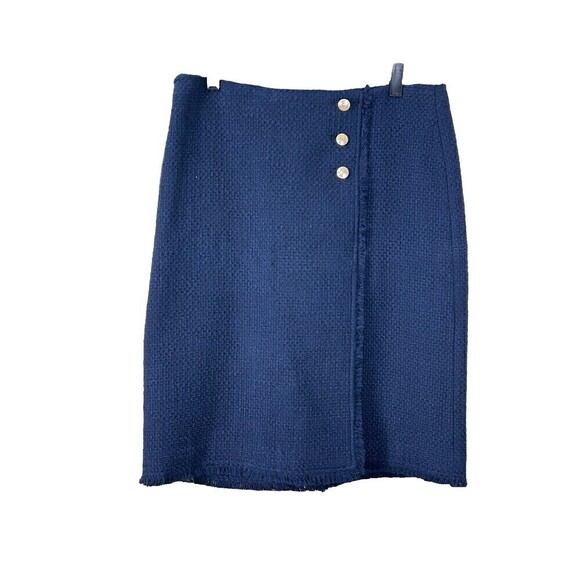New Talbots Women 10 Skirt Navy Blue CottonTweed Faux Wrap Lined Logo Button T4 - Picture 1 of 12